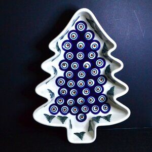 Authentic Boleslawiec Christmas Tree Design Dish Blue Peacock Eye Artisan Named
